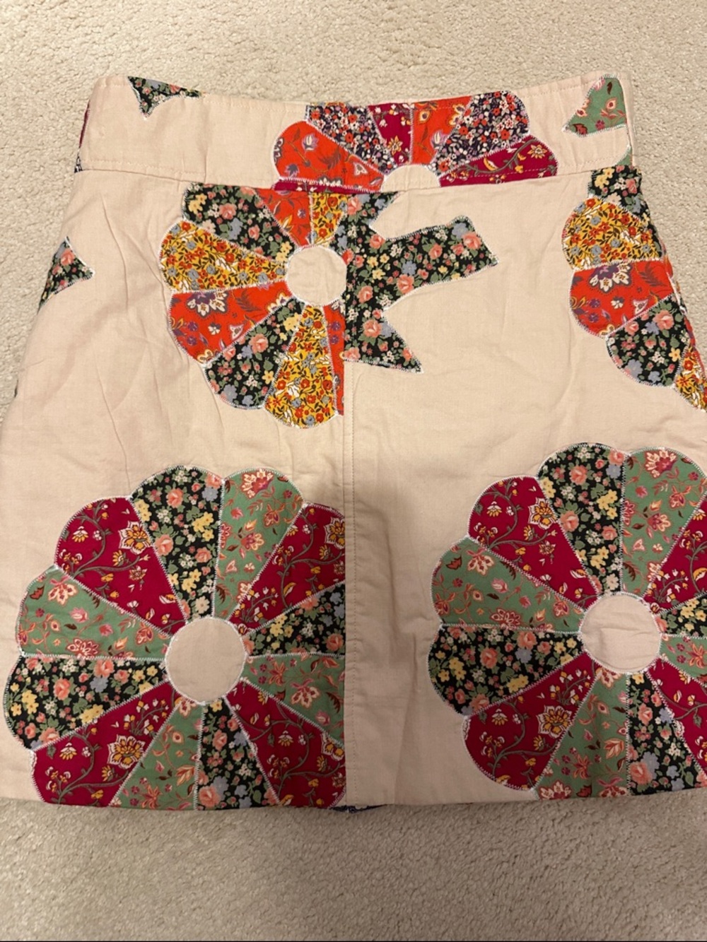 Sezane Cream Mini Skirt with Multi-Panel Floral Appliqué